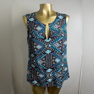 Tory Burch Black and Blue Geometric Sleeveless Blouse